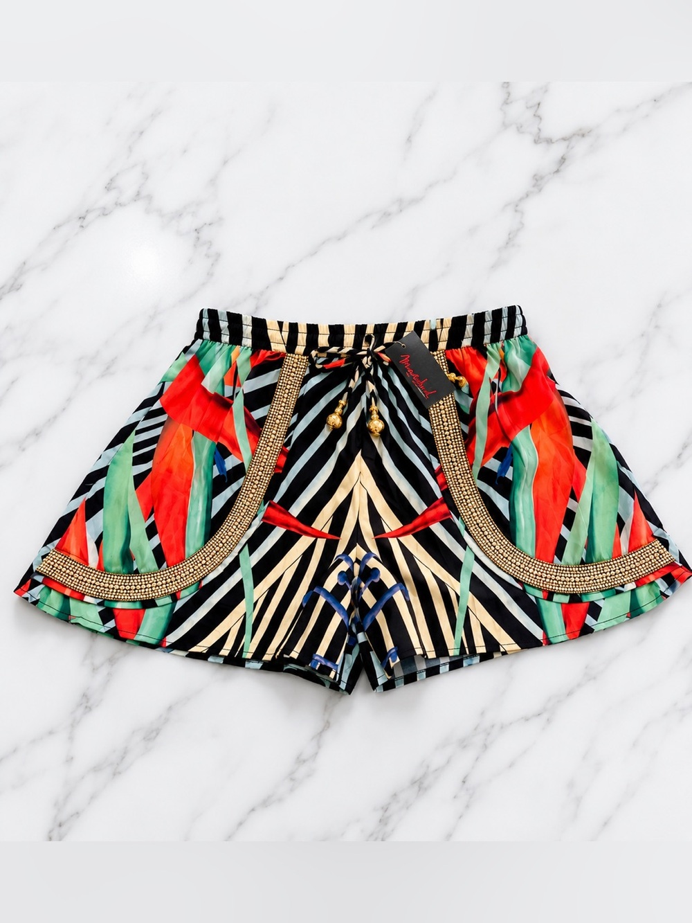 Mannish Void Beaded Tropical Stripe Rayon Shorts Size Small